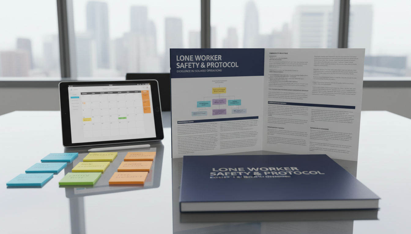 A modern corporate training manual with a matte navy cover and silver embossed title, lying open on a sleek glass-topped meeting room table. Beside it, an assortment of colour-coded sticky notes and a compact digital tablet are meticulously arranged to highlight organization and attention to detail. Tall windows in the background allow soft natural light to diffuse across the table, creating balanced illumination and delicate reflections. The mood is one of professionalism, structure, and readiness, captured from a straight-on eye-level perspective with sharp, photographic clarity. The aesthetic aligns with a clean, corporate, and knowledgeable brand focused on delivering high-quality lone worker training.